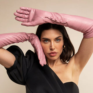Elena (pink) - Italian silk lined 12-button length leather opera gloves - Glamourous Grace