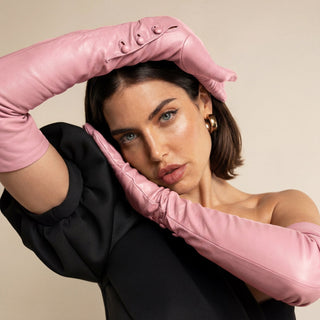 Elena (pink) - Italian silk lined 12-button length leather opera gloves - Glamourous Grace