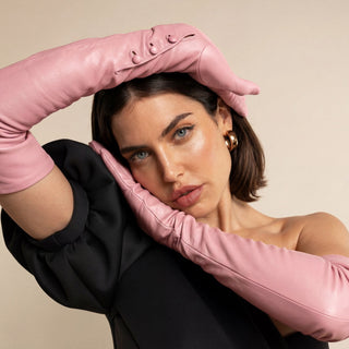 Elena (pink) - Italian silk lined 16-button length leather opera gloves - Glamourous Grace