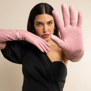 Elena (pink) - Italian silk lined 16-button length leather opera gloves - Glamourous Grace