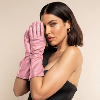 Elena (pink) - Italian silk lined 6-button length leather opera gloves - Glamourous Grace