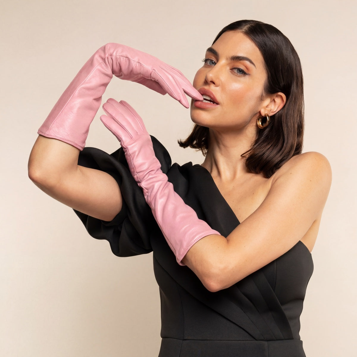 Elena (pink) - Italian silk lined 8-button length leather opera gloves - Glamourous Grace