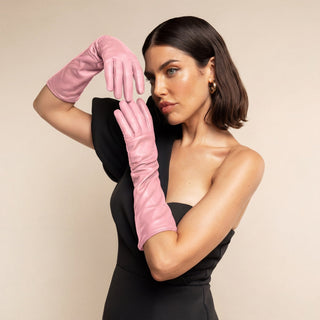 Elena (pink) - Italian silk lined 8-button length leather opera gloves - Glamourous Grace