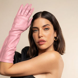 Elena (pink) - Italian silk lined 8-button length leather opera gloves - Glamourous Grace
