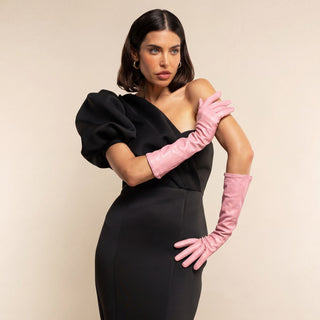 Elena (pink) - Italian silk lined 8-button length leather opera gloves - Glamourous Grace