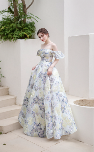 Elora - embroidery golden blue floral pattern off-the-shoulder Princess Prom Dress
