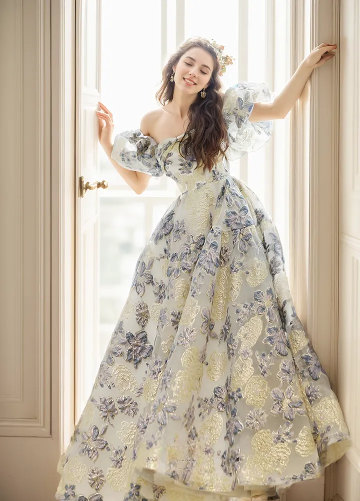 Elora - embroidery golden blue floral pattern off-the-shoulder Princess Prom Dress - Glamourous Grace