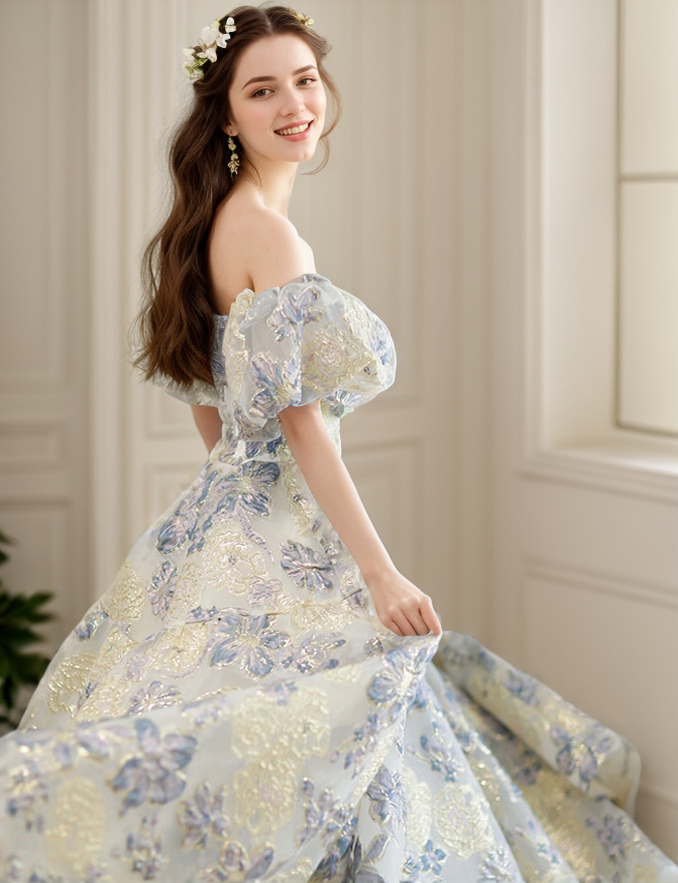 Elora - embroidery golden blue floral pattern off-the-shoulder Princess Prom Dress - Glamourous Grace