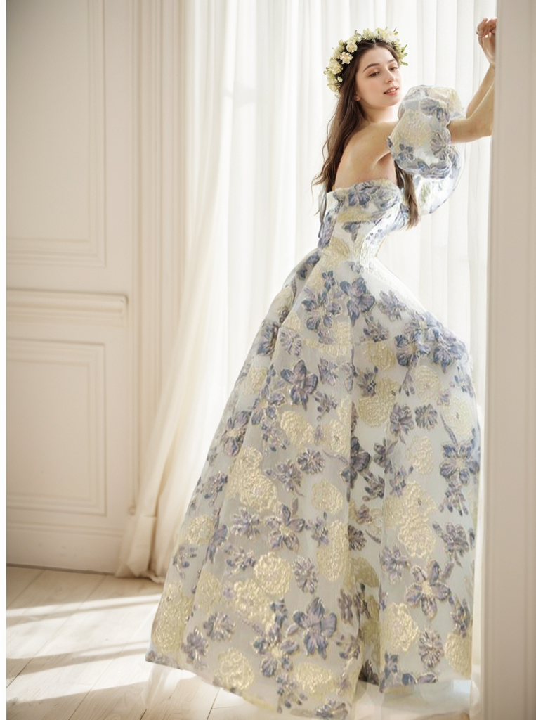 Elora - embroidery golden blue floral pattern off-the-shoulder Princess Prom Dress - Glamourous Grace