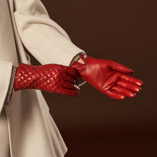 Emilia (red) - Classic Italian lambskin leather gloves with cashmere lining and checkered pattern - Glamourous Grace