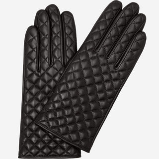 Emilia (black) - Classic Italian lambskin leather gloves with cashmere lining and checkered pattern - Glamourous Grace