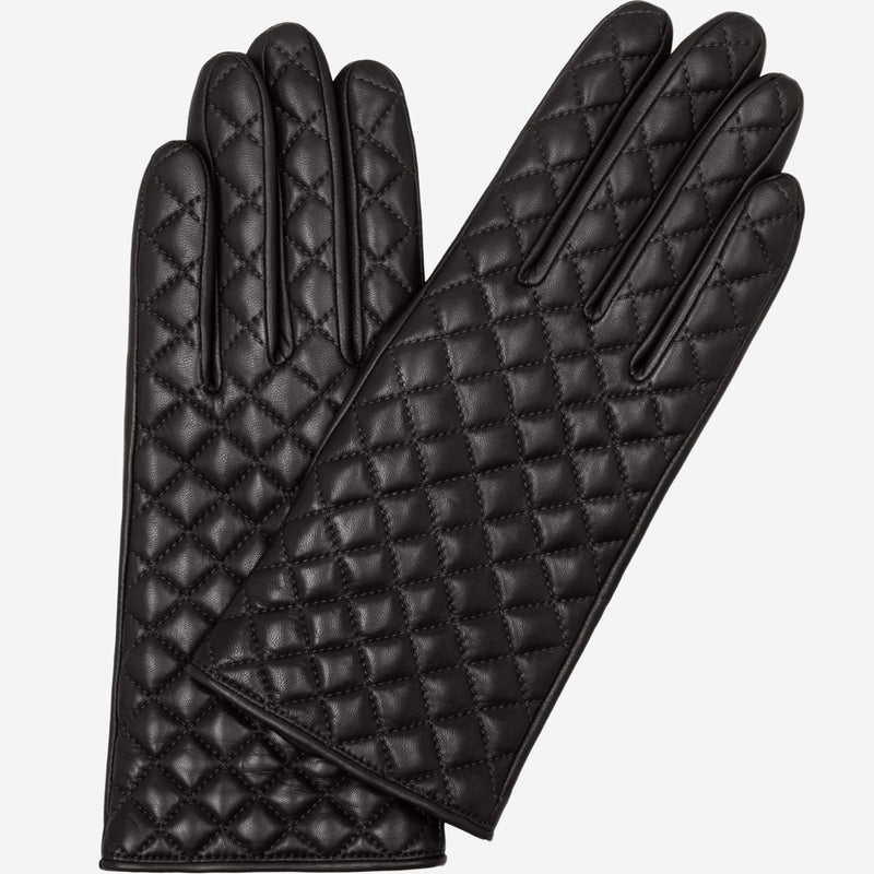 Emilia (black) - Classic Italian lambskin leather gloves with cashmere lining and checkered pattern - Glamourous Grace