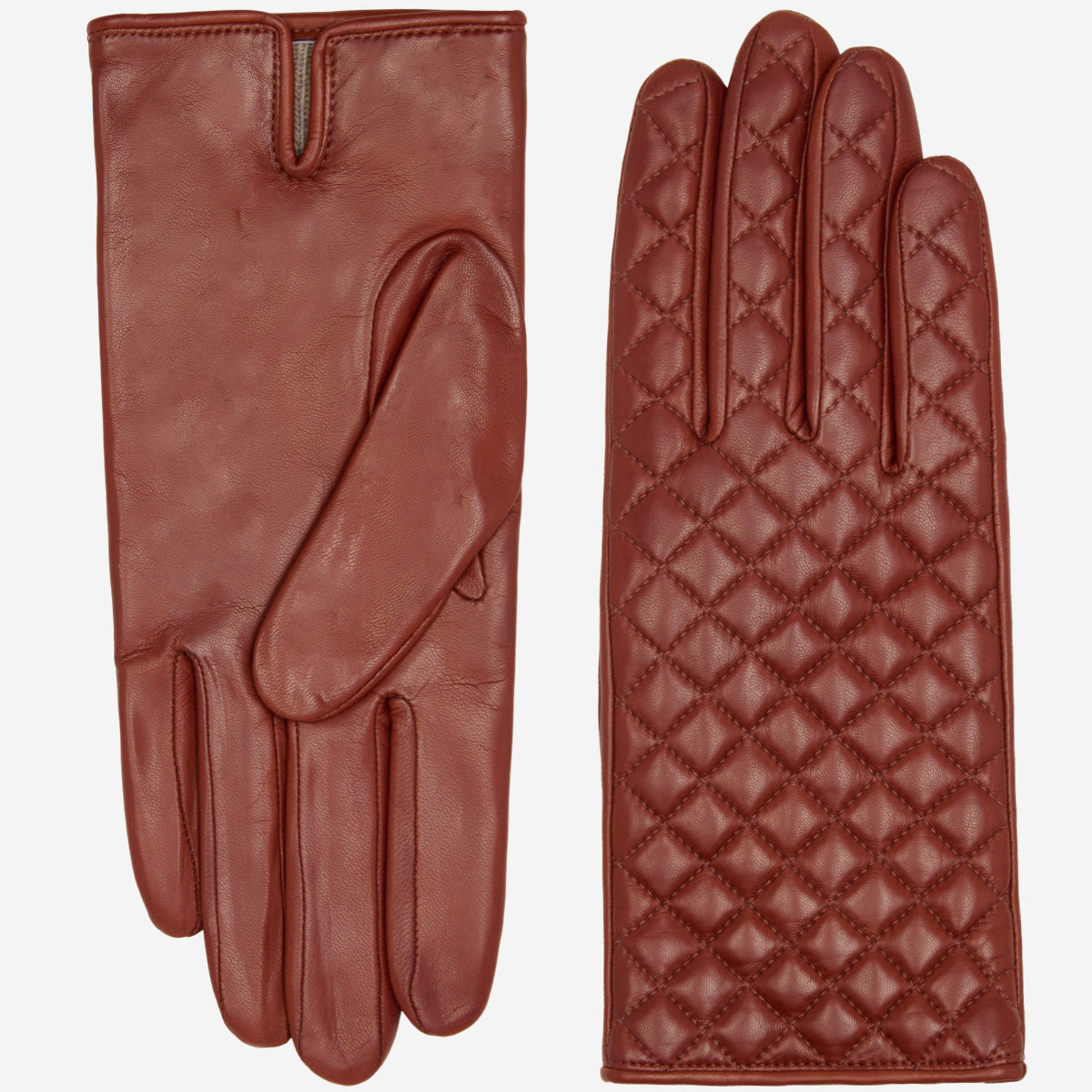 Emilia (brown) - Classic Italian lambskin leather gloves with cashmere lining and checkered pattern - Glamourous Grace