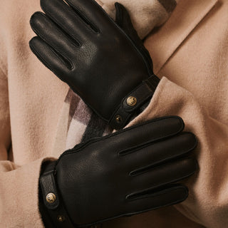 Emilio (black) – Luxurious deerskin gloves with cashmere lining and adjustable snap button - Glamourous Grace