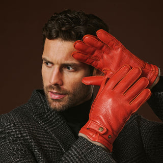 Emilio (orange) – Luxurious Italian deerskin gloves with cashmere lining and adjustable snap button - Glamourous Grace