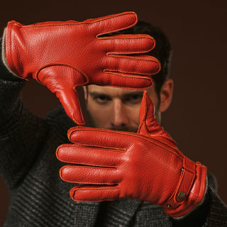 Emilio (orange) – Luxurious Italian deerskin gloves with cashmere lining and adjustable snap button - Glamourous Grace