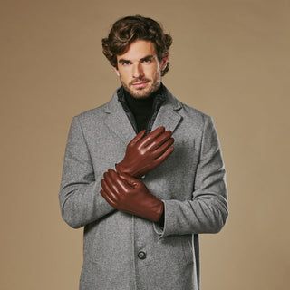 Ezra (brown) - Lambskin leather gloves with warm rabbit fur lining and touchscreen feature - Glamourous Grace