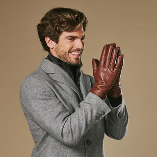 Ezra (brown) - Lambskin leather gloves with warm rabbit fur lining and touchscreen feature - Glamourous Grace