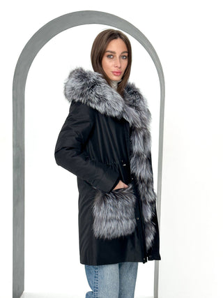 Roma Genuine Silver Fox Fur Rabbit Fur Insulated Parka in Black