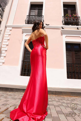 Nox Anabel F1466 Long Strapless Beaded and Sequin Bodice Satin Gown