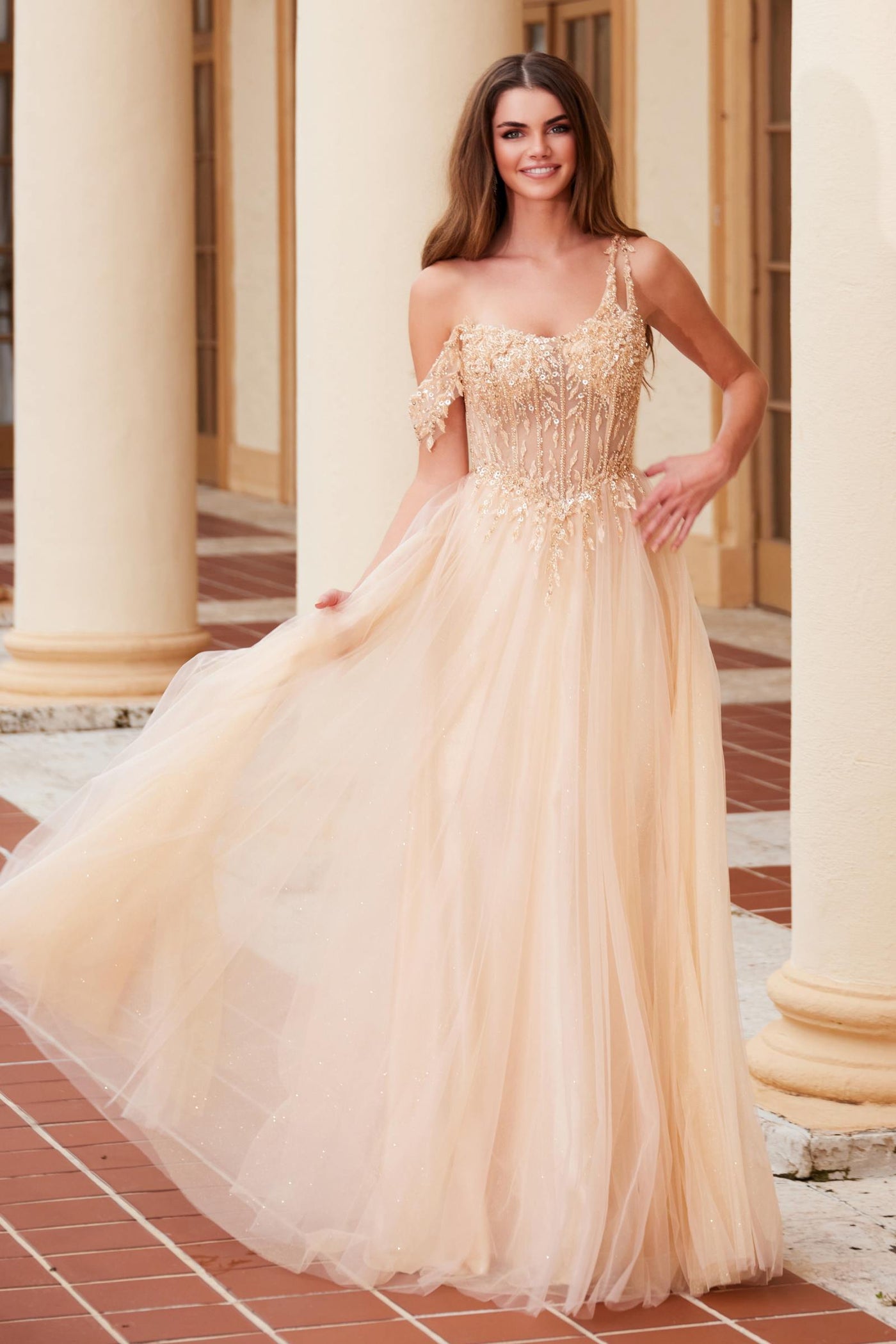 Nox Anabel F1567 Embroidered A-Line Sheer Boned Waistline Dress - Glamourous Grace