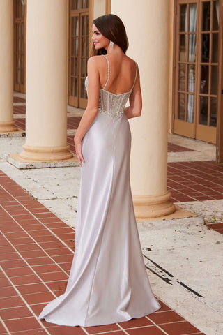 Nox Anabel F1570 Long Satin Dress Sheer Boned Waistline Fully Beaded Top