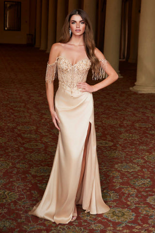 Nox Anabel F1571 Fringed Off-Shoulder Sequin Sweetheart Neckline Dress