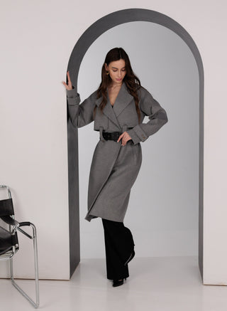 Karina Belted Wool Cashmere Blend Overcoat in Grey
