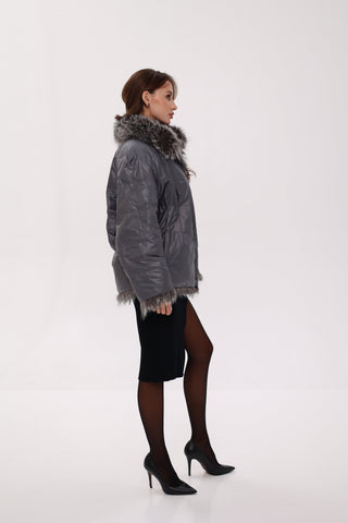 Reversible Genuine Silver Fox  Down Fill Coat in Grey