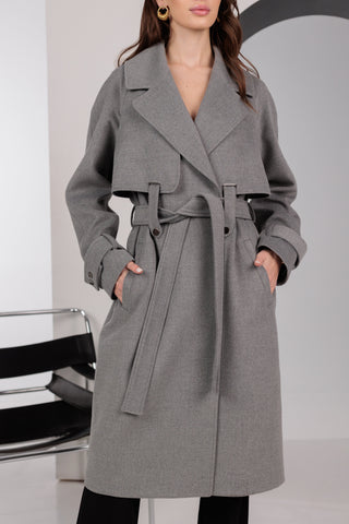 Karina Belted Wool Cashmere Blend Overcoat in Grey