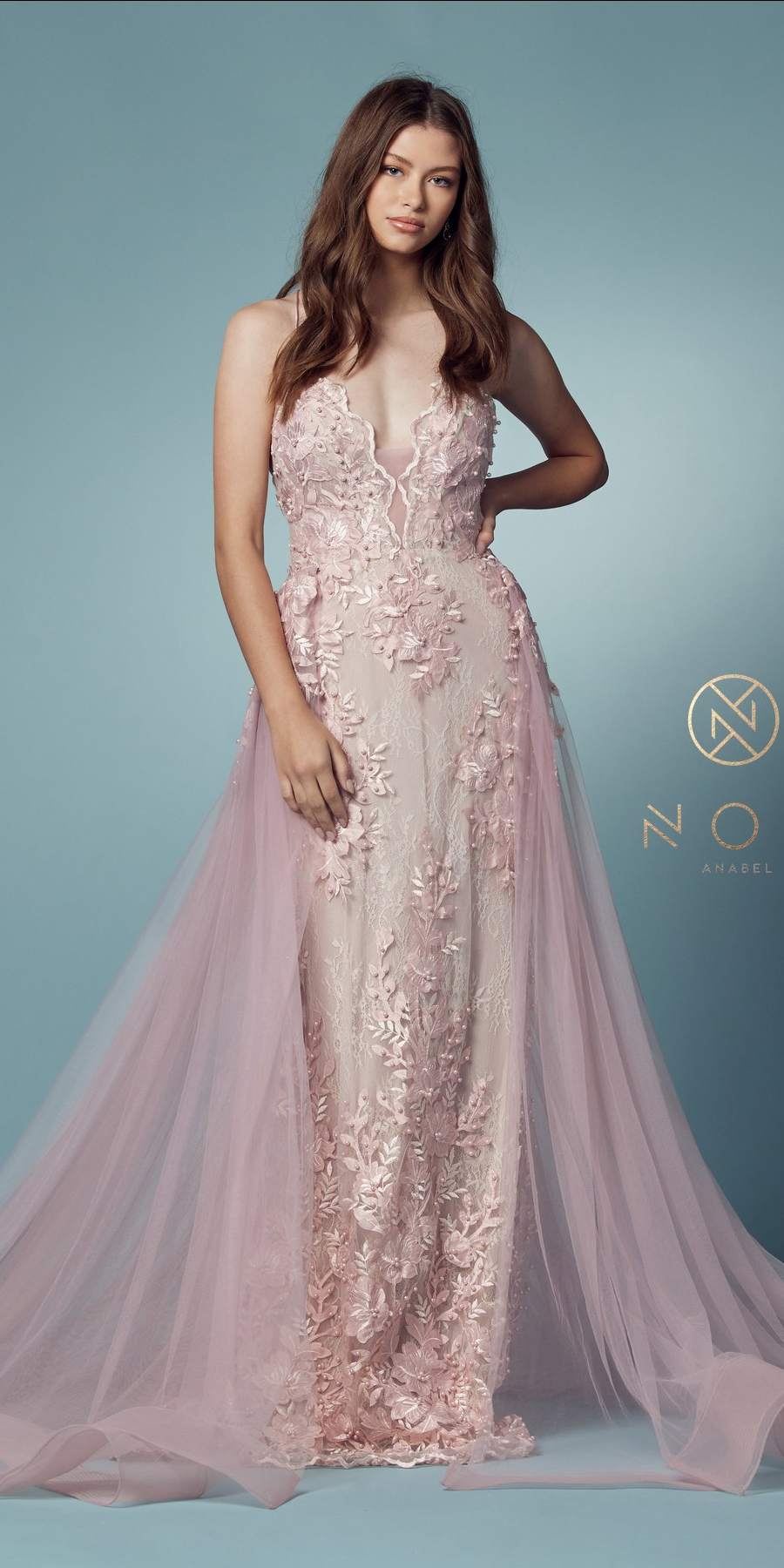 Nox Anabel F485 Lace and Beads Mermaid Gown Chiffon Overskirt - Glamourous Grace