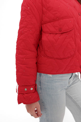 Studded Light Demi-Season Hooded Cropped Jacket in Red
