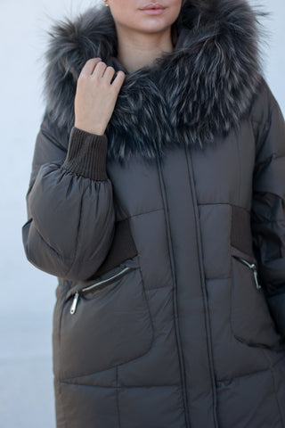 Lauren Genuine Fur Trim Down Fill Coat in Tobacco