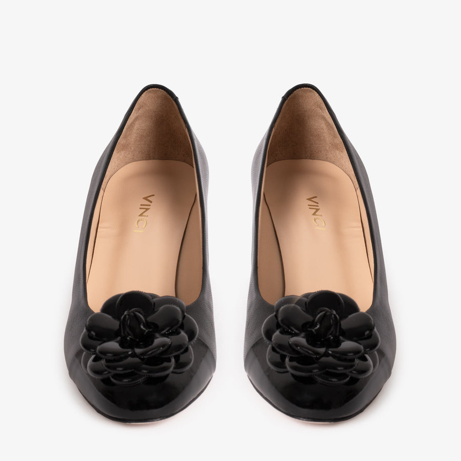 The Diva Black Leather Cap Toe Block Heel Pump Women Shoe - Glamourous Grace