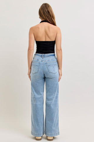 Judy Blue Mid Rise Retro Fold-over Waistband Wide Leg Denim Jeans 881104
