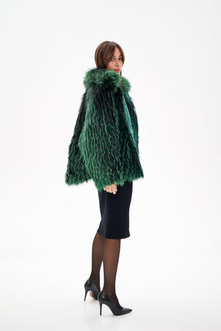 Reversible Genuine Silver Fox  Down Fill Coat in Emerald