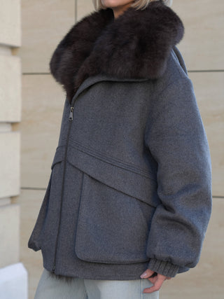 Rimini Genuine Fur Trim Wool Blend Parka in Graphite