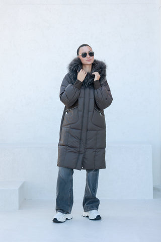 Lauren Genuine Fur Trim Down Fill Coat in Tobacco