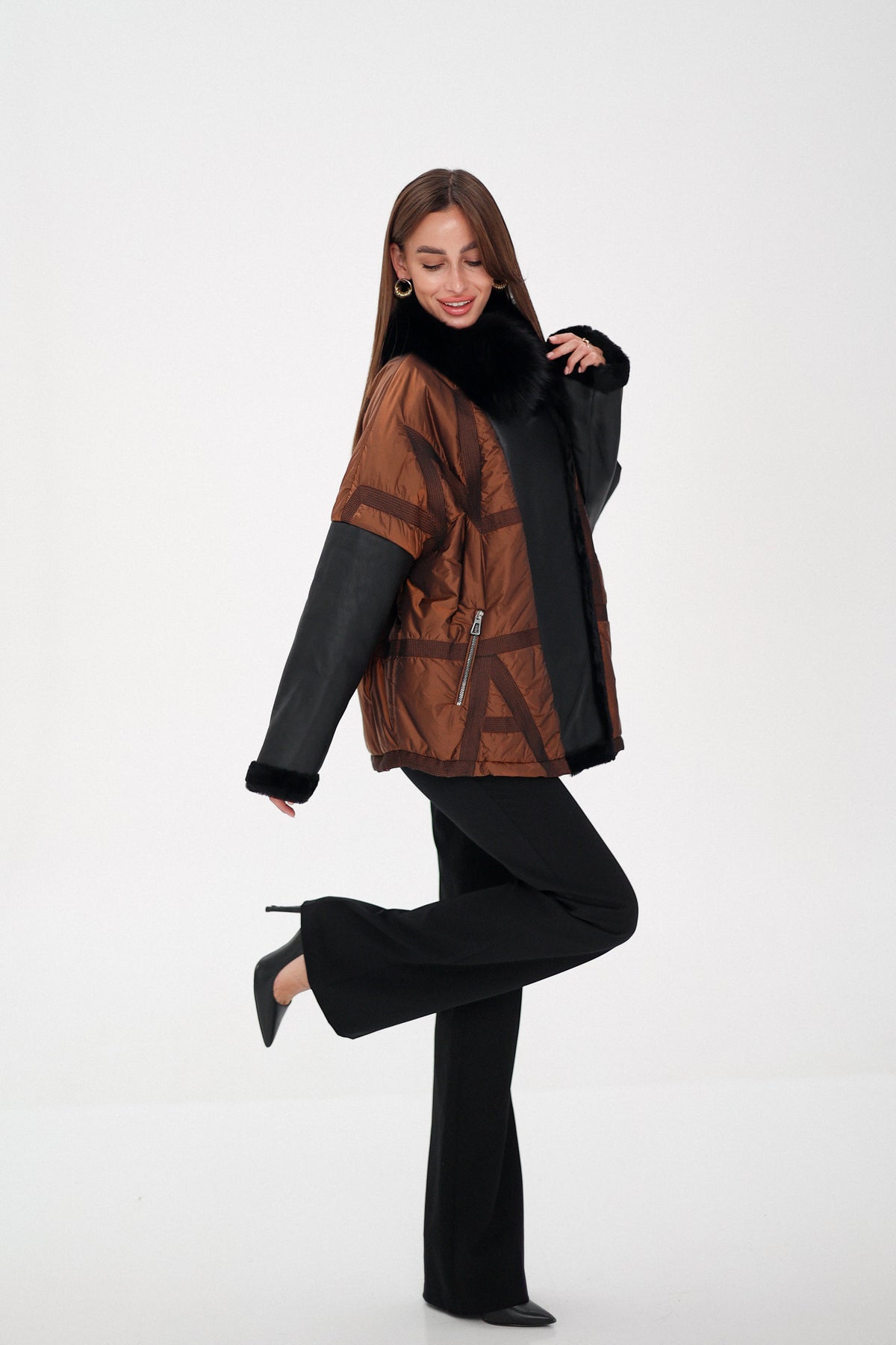 Sienna Genuine Lamb Leather Polar Fox Fur Trim Jacket in Umber