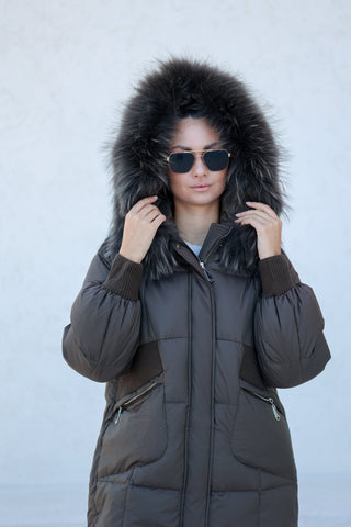 Lauren Genuine Fur Trim Down Fill Coat in Tobacco