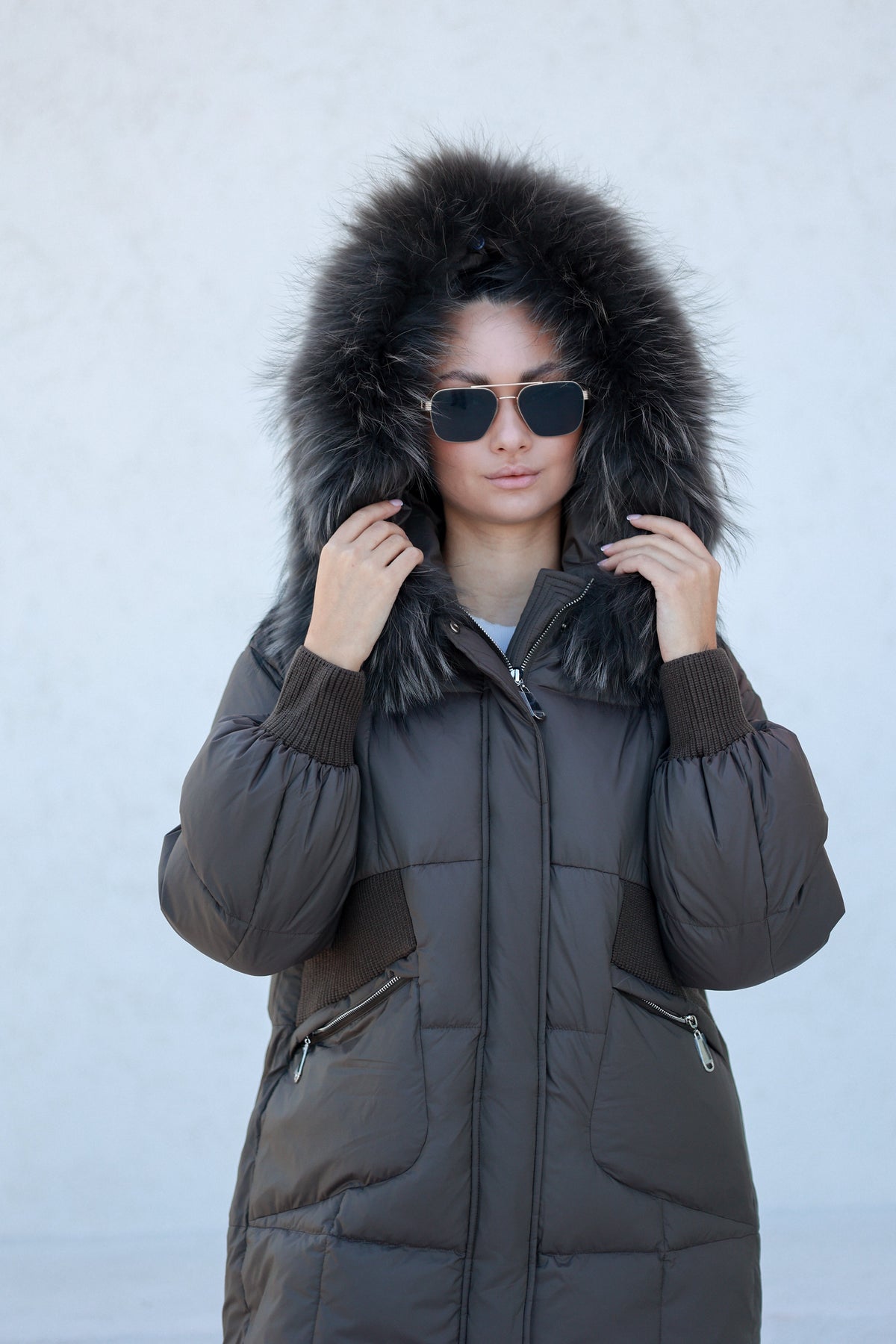 Lauren Genuine Fur Trim Down Fill Coat in Tobacco