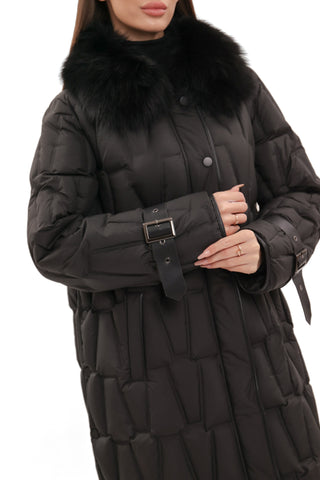 Riley Genuine Fur Trim Down Fill Coat in Black