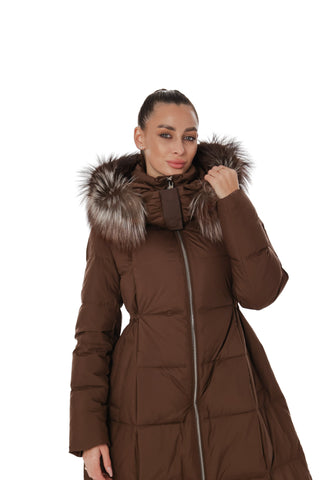 Genuine Silver Fox Fur Trim Down Coat