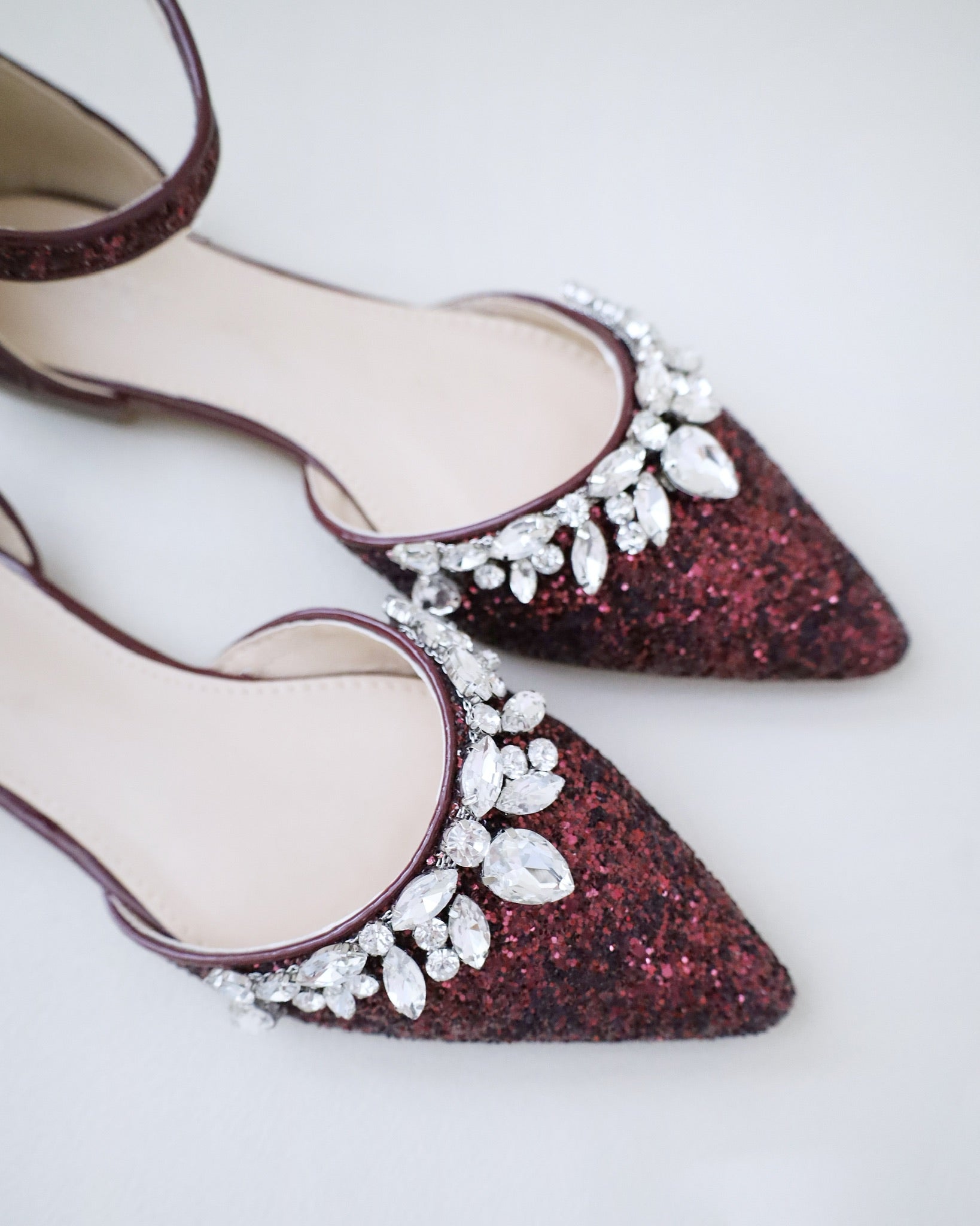 Pointy Toe Glitter Ankle Strap Flats with Teardrop Rhinestones