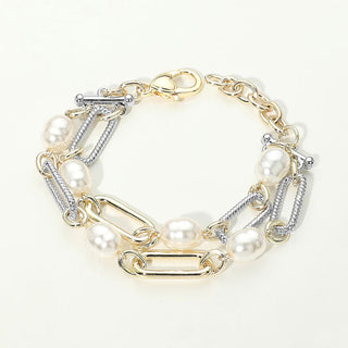 14K Gold Plated Two Tone Mixed Chain Pearl Link Layered Bracelet