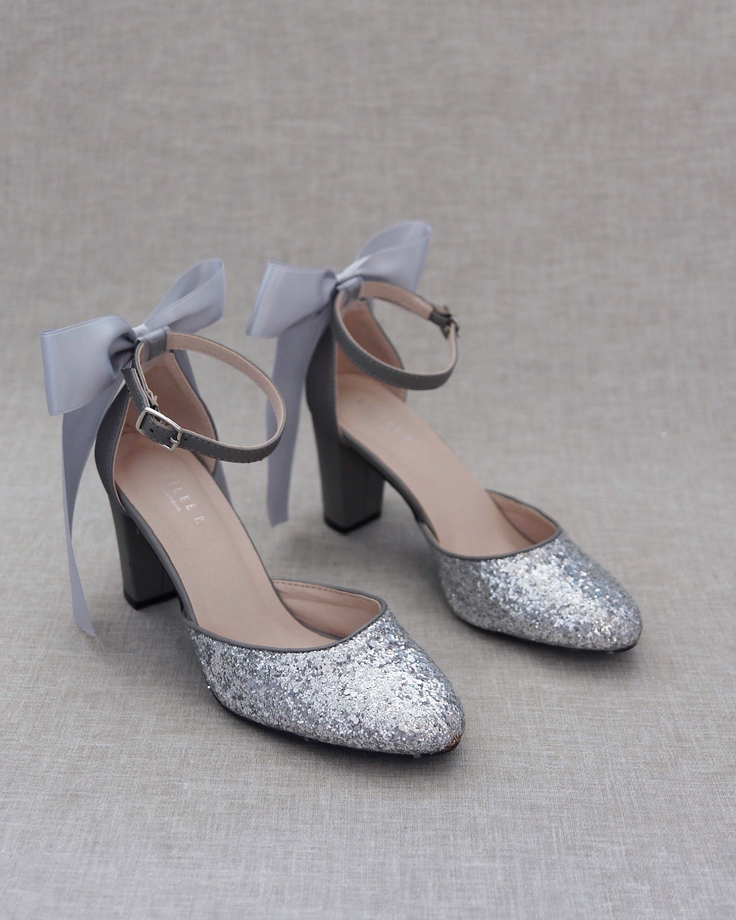 Rock Glitter Block Heel with Back Satin Bow