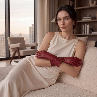 Leonora (deep red) - Italian cashmere lined 6-button length leather gloves - Glamourous Grace