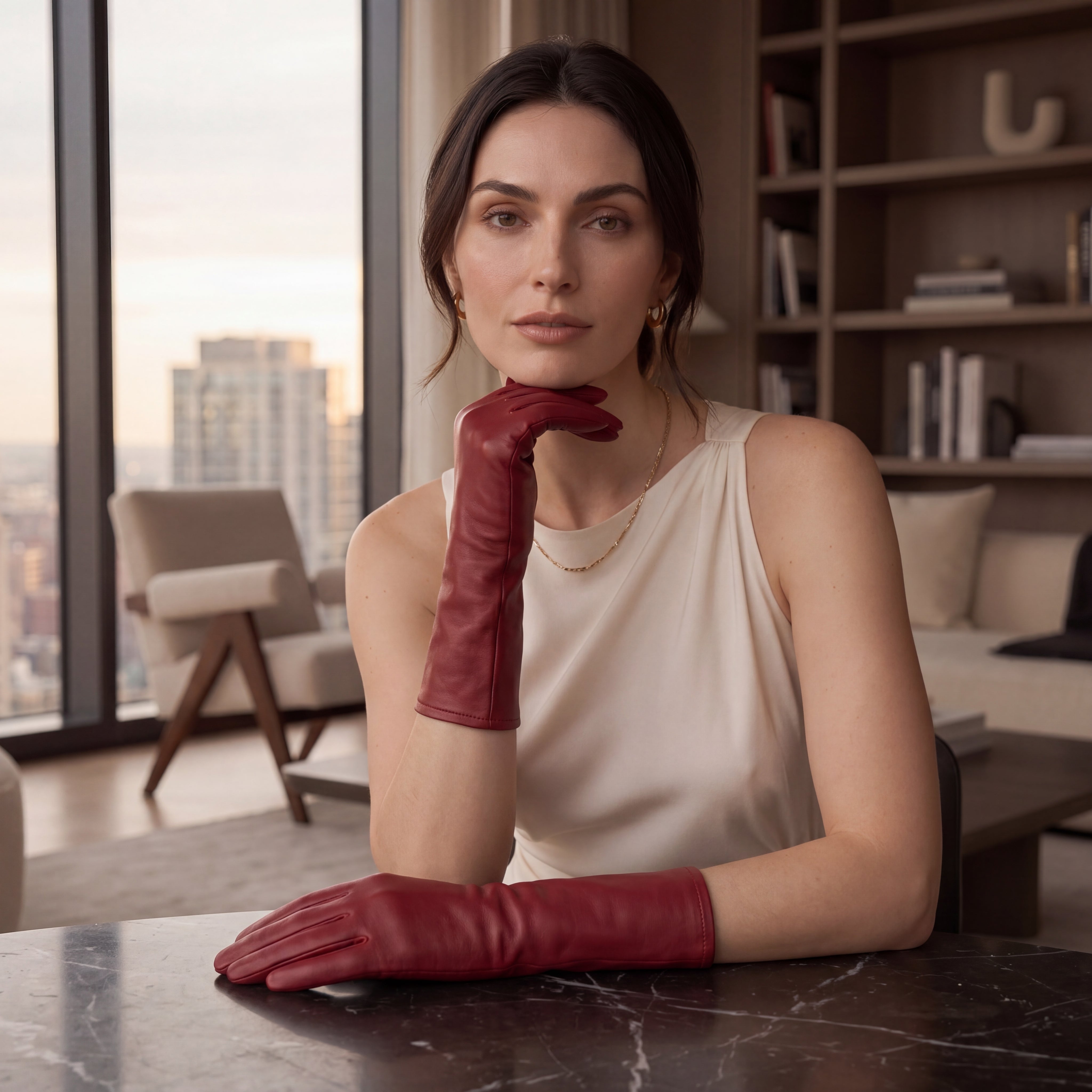 Leonora (deep red) - Italian cashmere lined 6-button length leather gloves - Glamourous Grace