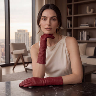 Leonora (deep red) - Italian cashmere lined 6-button length leather gloves - Glamourous Grace