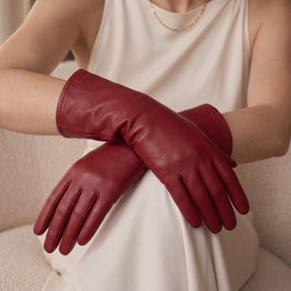 Leonora (deep red) - Italian cashmere lined 6-button length leather gloves - Glamourous Grace